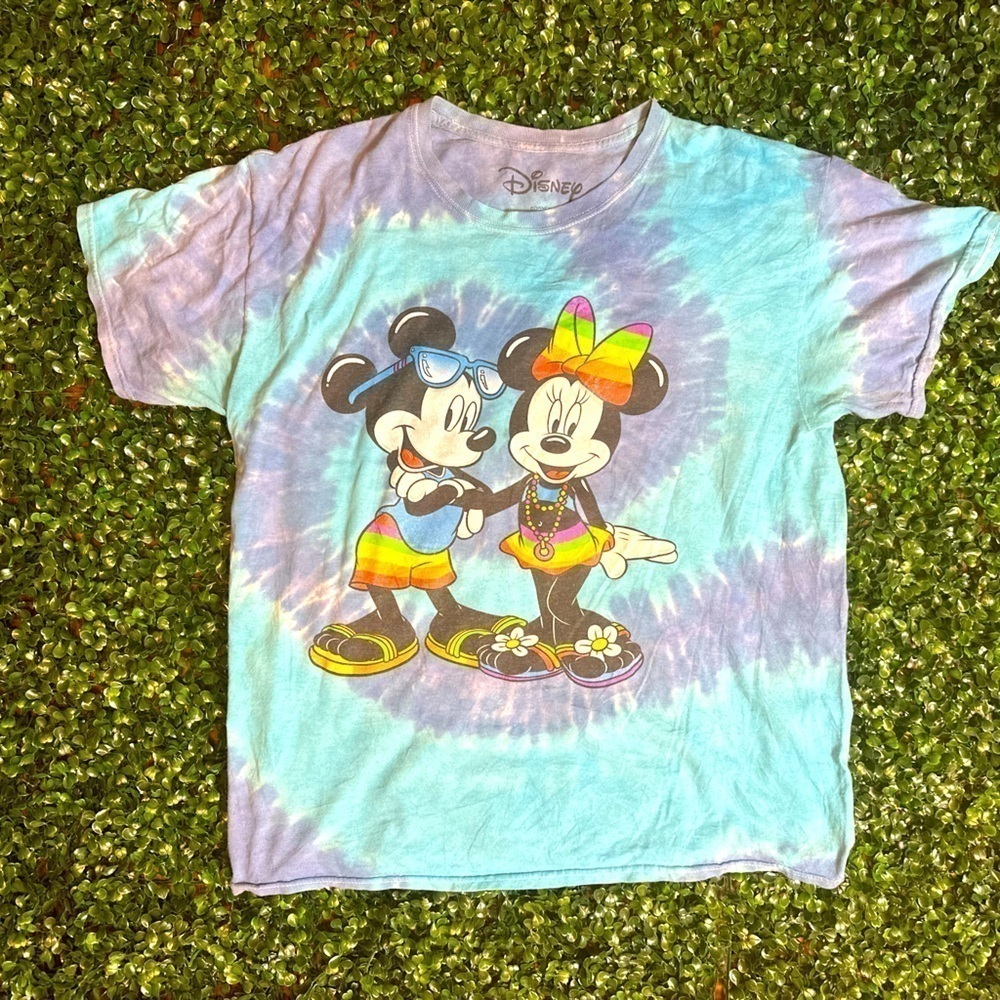 VTG Disney Mickey Mouse Minnie Tide Blue Tide Rainbow Tropical Adult T-Shirt L